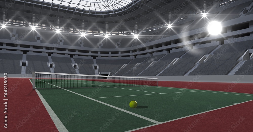 Fototapeta premium Composition of empty tennis court at stadium with tennis ball