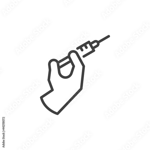 Hand holding vaccine syringe line icon