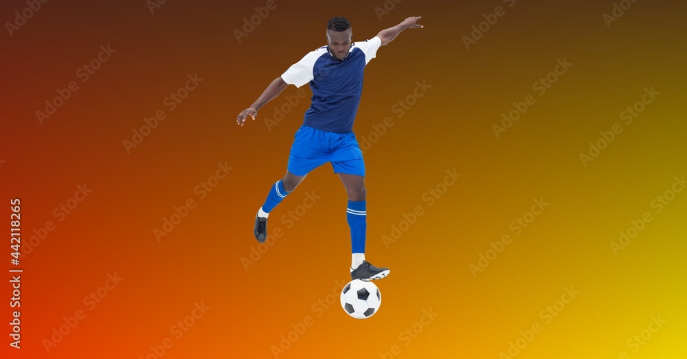 Obraz premium Composition of male football player kicking football with copy space