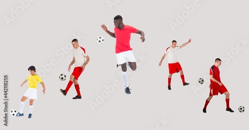 Composition of group of male football players on white background