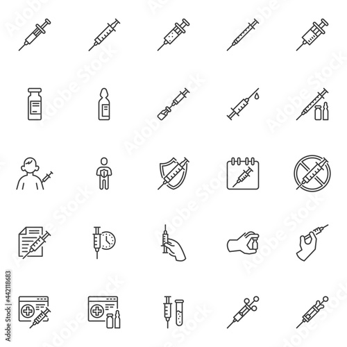 Vaccination related line icons set