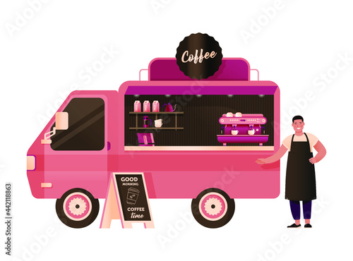Coffee Shop. Food Truck. Modern Flat Concept. Street Food Truck Van, Young Barista Man in Apron Inviting For Cup of Coffee, Coffee Maker. Blackboard with Greetings.