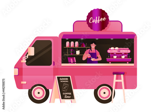 Coffee Shop. Food Truck. Modern Flat Concept. Coffee Street Food Truck Van, Young Barista Female Pouring Milk into Cup, Coffee Maker. Blackboard with Greetings.