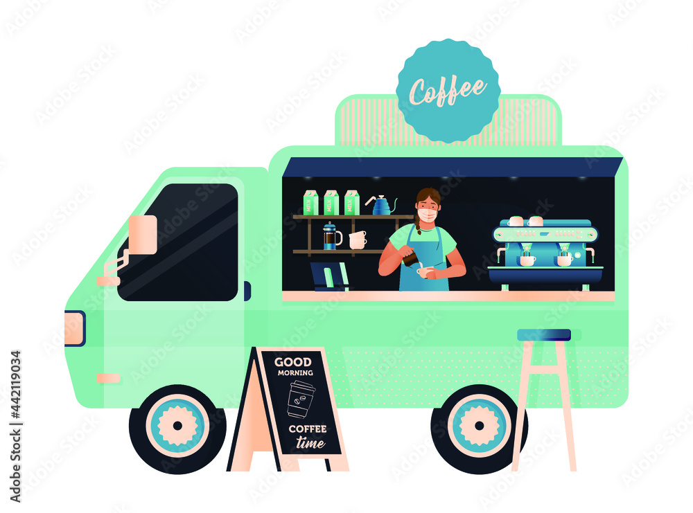 Coffee Shop. Coffee Food Truck. Modern Flat Concept. Coffee Street Food