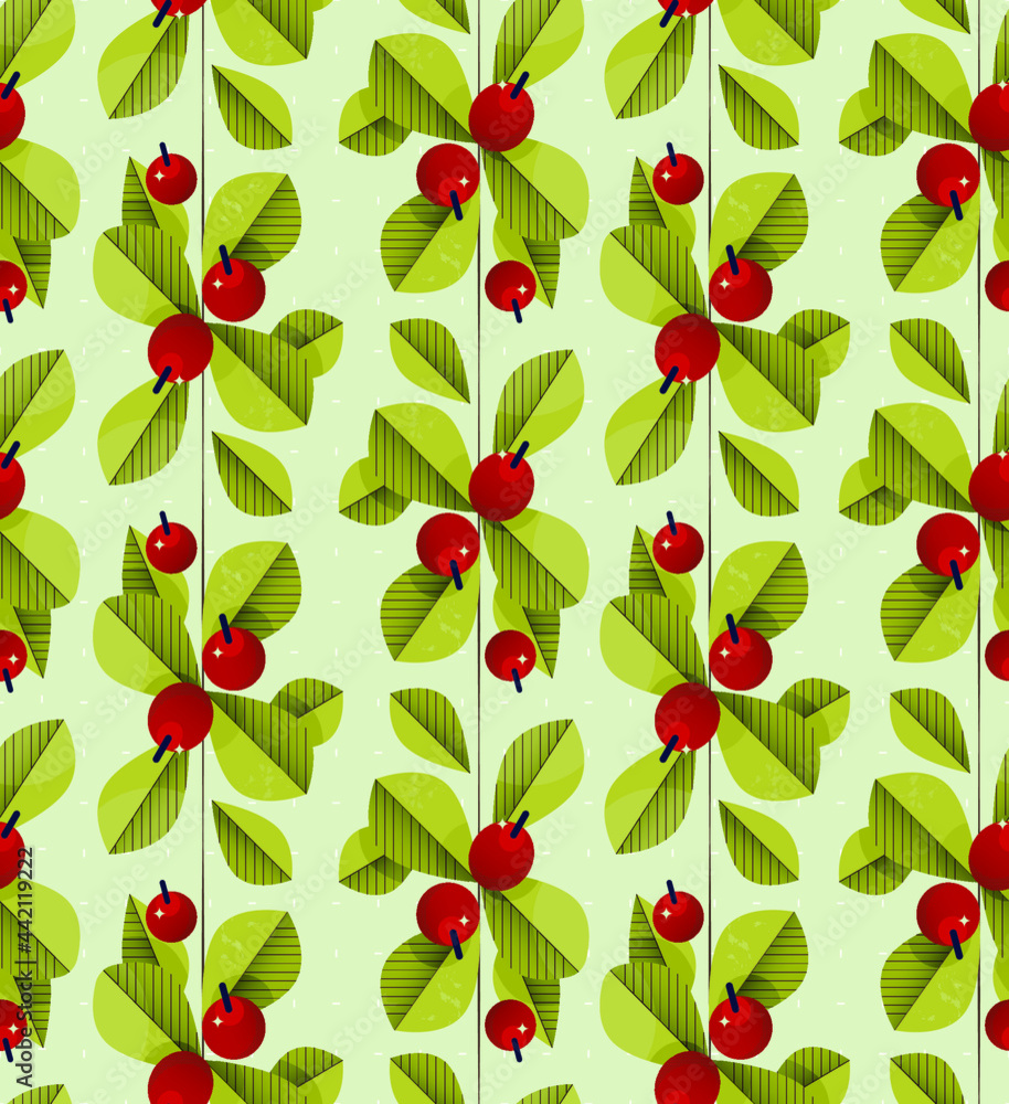 Seamless Vector Pattern. Background Texture with Red Berries and Green Leaves. Coffee Pattern Concept. Christmas Background. Seamless Vector Pattern. Background Texture with Red Berries and Green Leaves. Coffee Pattern Concept. Christmas Background.