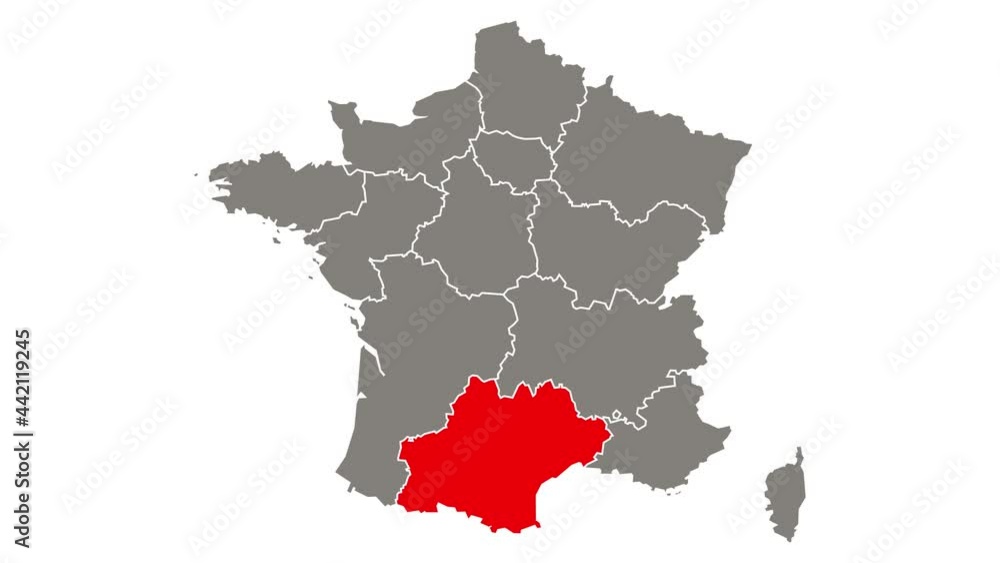 Occitanie region blinking red highlighted in map of France Occitanie region blinking red highlighted in map of France