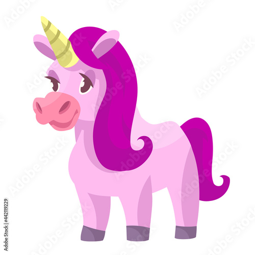 Standing cute unicorn. Fairytale character in cartoon style.