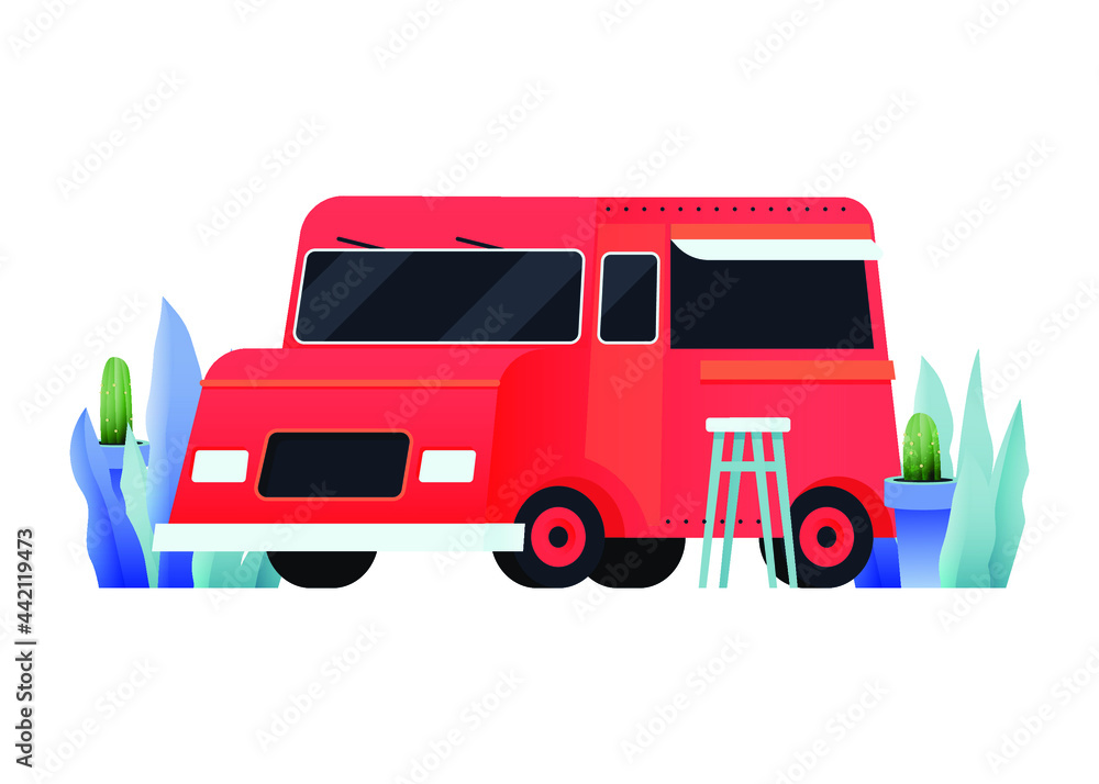 Food Truck. Modern Flat Vector Illustration. Coffee Stop. Lettering Composition with Decorative Plant Elements. Colorful Cartoon Style Street Food Truck Van. Social Media Template.