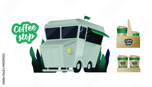 Food Truck. Modern Flat Vector Illustration. Coffee Stop. Lettering Composition with Decorative Plant Elements. Carton Box to Go Set. Colorful Cartoon Street Food Truck Van. Social Media Template.