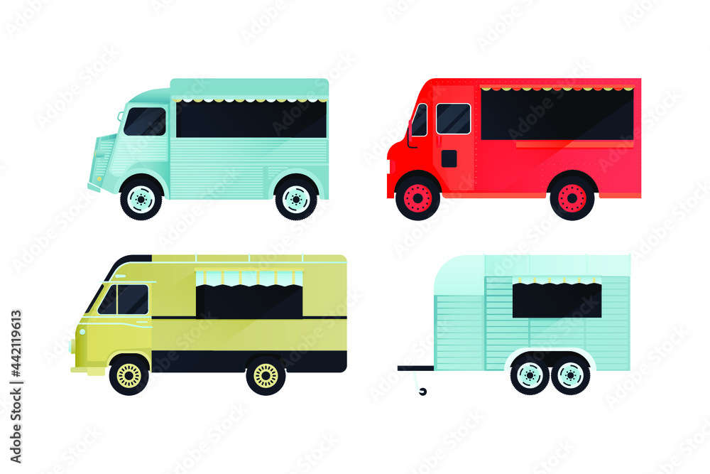 Set of Food Trucks. Modern Flat Vector Illustration. Colorful Street Food Truck Van. Social Media Template. Set of Food Trucks. Modern Flat Vector Illustration. Colorful Street Food Truck Van. Social Media Template.
