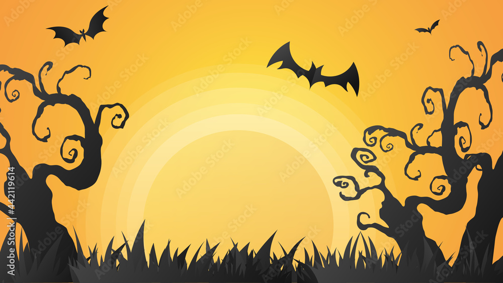 Withered trees and grass in the overgrown forests in cemeteries and bats, on orange background , vector illustration EPS 10