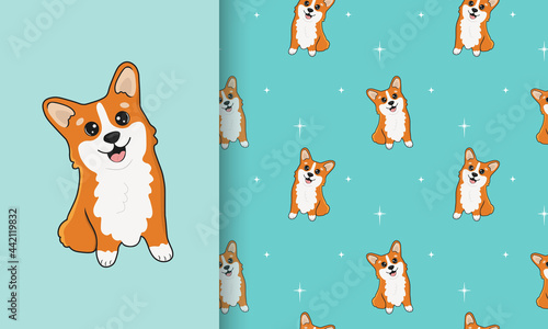 Seamless pattern and illustration for kid with cute corgi. Baby background for t-shirt print, packaging, wrapping paper, etc. Vector corgi animal background. Funny little doggy.