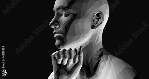 Abstract digital human head. Man with his fist under his chin. Face side view. Time to think. Minimalistic design for business presentations, flyers or posters. 3d vector illustration.