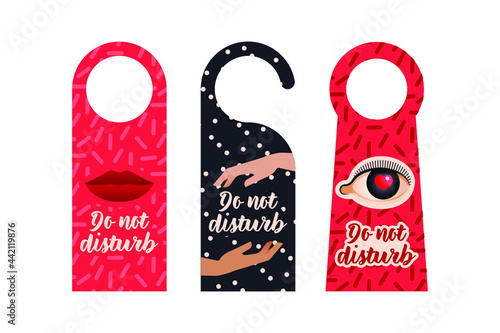 Do Not Disturb. Hang Door Sign Set. Modern Flat Vector Illustration. Red Lips, Hands of Different Race, Eye with Heart. Hotel Service Card.