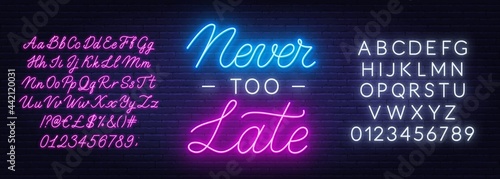 Never Too Late neon quote on a brick wall.