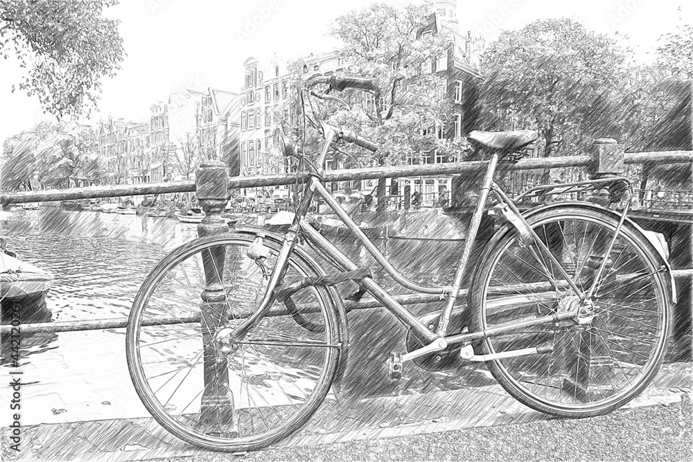 View of the street of Amsterdam. Bicycle on the bridge. Sketch illustration View of the street of Amsterdam. Bicycle on the bridge. Sketch illustration