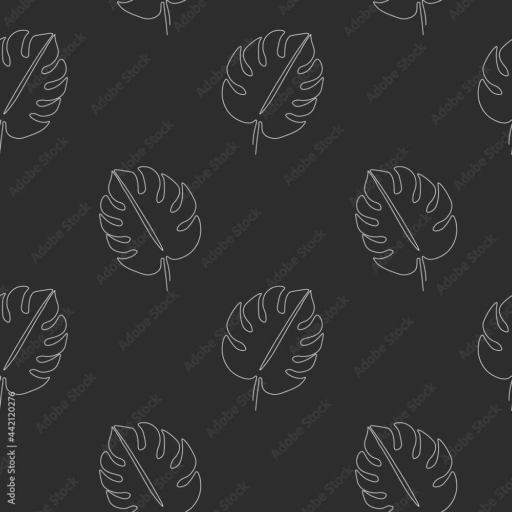 Seamless pattern with monstera leaves on dark background. Continuous one line drawing palm leaf. White line art on black background. Seamless pattern with monstera leaves on dark background. Continuous one line drawing palm leaf. White line art on black background.