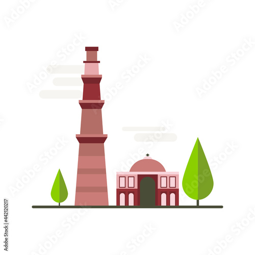 Cartoon symbols of India. Popular tourist architectural object: Qutb Minar complex, New Delhi.