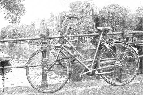 View of the street of Amsterdam. Bicycle on the bridge. Sketch illustration