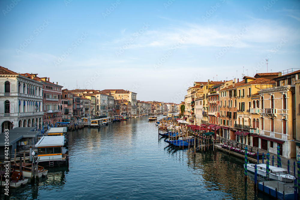 Early morning view of the Grand Canal in Venice, Italy. The calm mood at sunrise