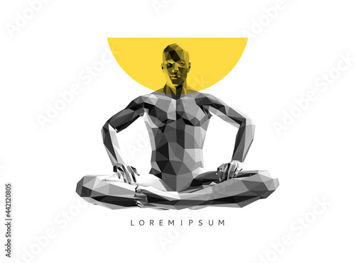 Relaxed man sits in lotos posture. Time for yoga, meditation or relaxation. Fitness concept. Healthy lifestyle. 3D model of man. Vector illustration.