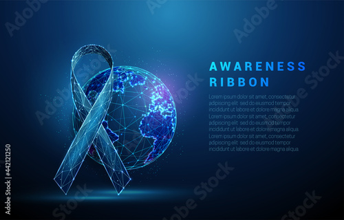 Low poly blue awareness ribbon and planet Earth