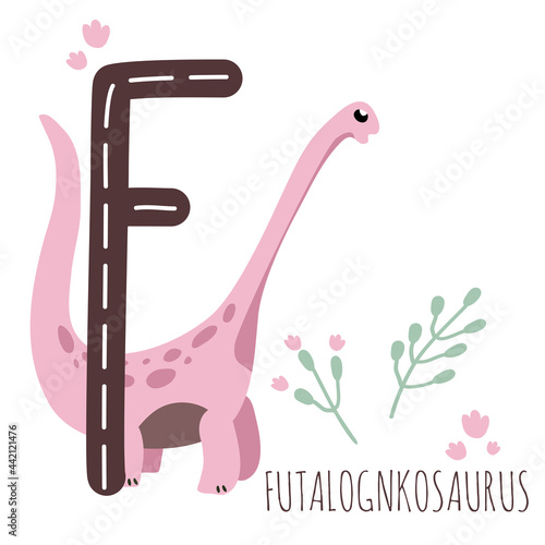 Futalognkosaurus.Letter F with reptile name.Hand drawn cute herbivores dinosaur.Educational prehistoric illustration.Dino alphabet.Sketch Jurassic,Mesozoic animal.Childish funny font.Enjoy learning photo