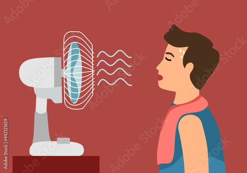 Sweaty man with electric fan blowing in flat design. Guy exhausted of hot summer day. Tired male need wind blow.