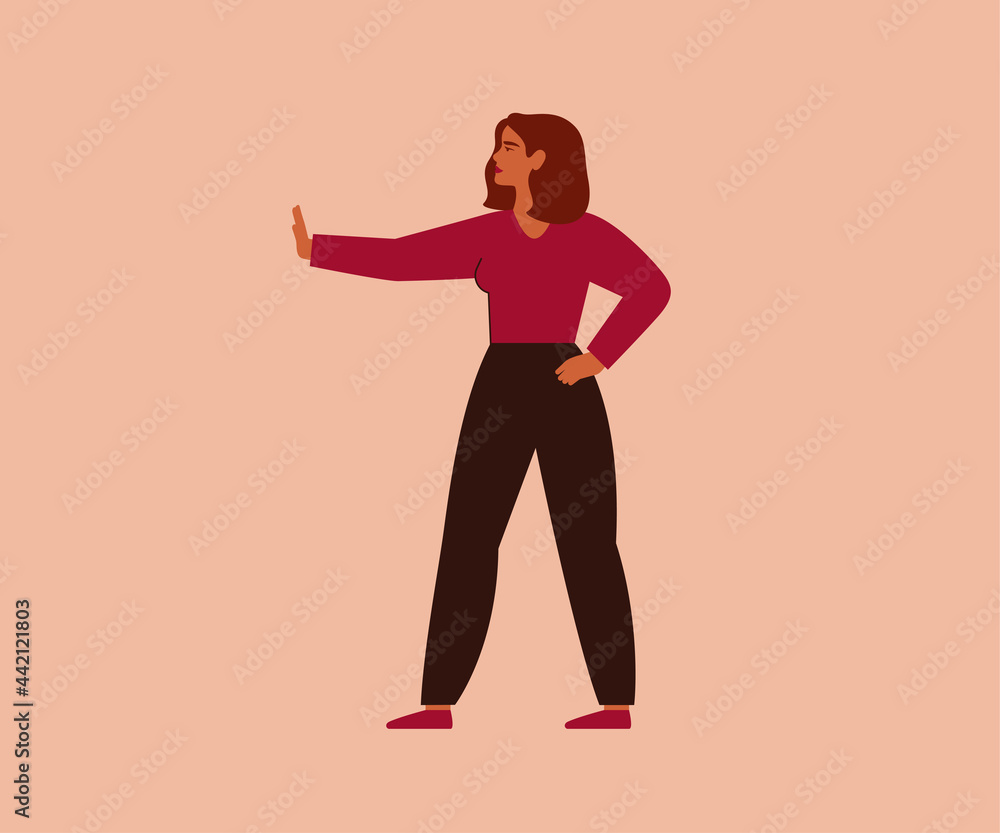 Strong woman says no with gesture arm. Caucasian girl activist rejects and raised her hand with a stop sign. Concept of disagreeing with something. Vector illustration