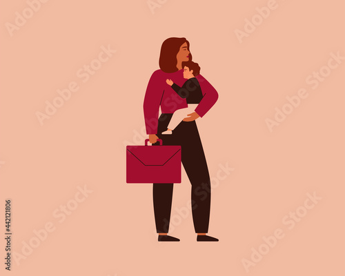 Business woman holding her baby on one hand and briefcase in the other hand. Working mom has one child. Concept of opportunity on the work during motherhood. Vector illustration