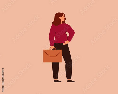 Business pregnant woman holding briefcase. Confident Working expectant mother standing in profile. Concept of opportunity on the work during motherhood. Vector illustration