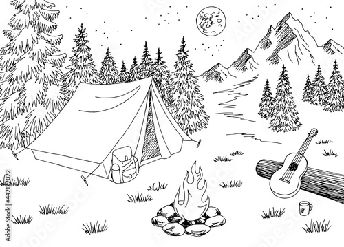 Camping night graphic black white mountain landscape sketch illustration vector