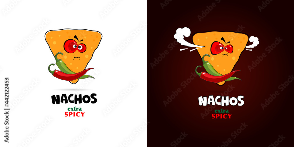Cartoon nachos and chili peppers. Extra spicy. National nachos day. Vector, illustration Cartoon nachos and chili peppers. Extra spicy. National nachos day. Vector, illustration