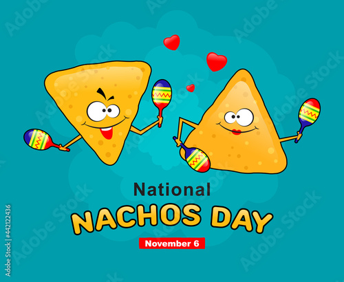 Cheerful nachos with a smile and maracas in hands on a blue background. Holiday concept banner or postcard, national nachos day. Vector, illustration