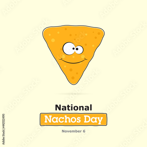 Cartoon nachos with a smile on his face, yellow background. Holiday concept, national nachos day. Vector, illustration