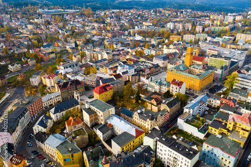 Panoramic aerial view of autumn landscape of Czech city of Jablonec nad Nisou, Liberec Region