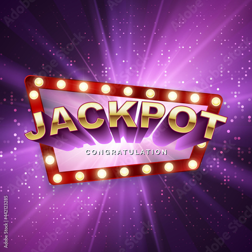 Jackpot casino winner. Big win banner. Retro signboard on purple background with light rays. Vector
