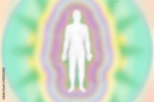 Retro feel purple green yellow aura layers, energy field with human figure  - grainy, high resolution background photo