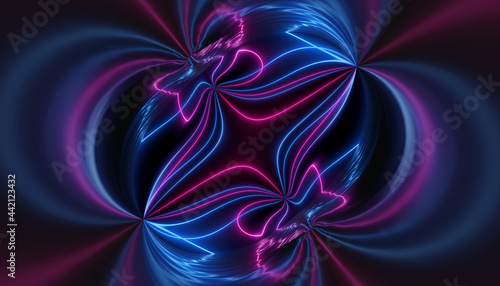 neon blue and pink wavy futuristic rippling glow light lines in abstract flower form on black background 