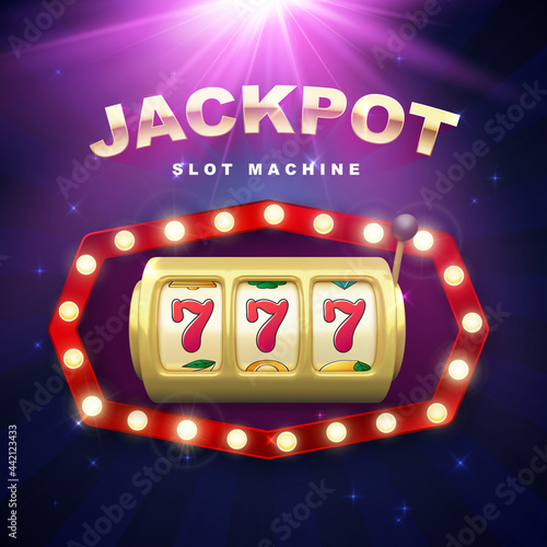 Big win on jackpot casino win retro signboard on purple background with light rays. Golden slot machine. 777 on slot machine wheels. Vector
