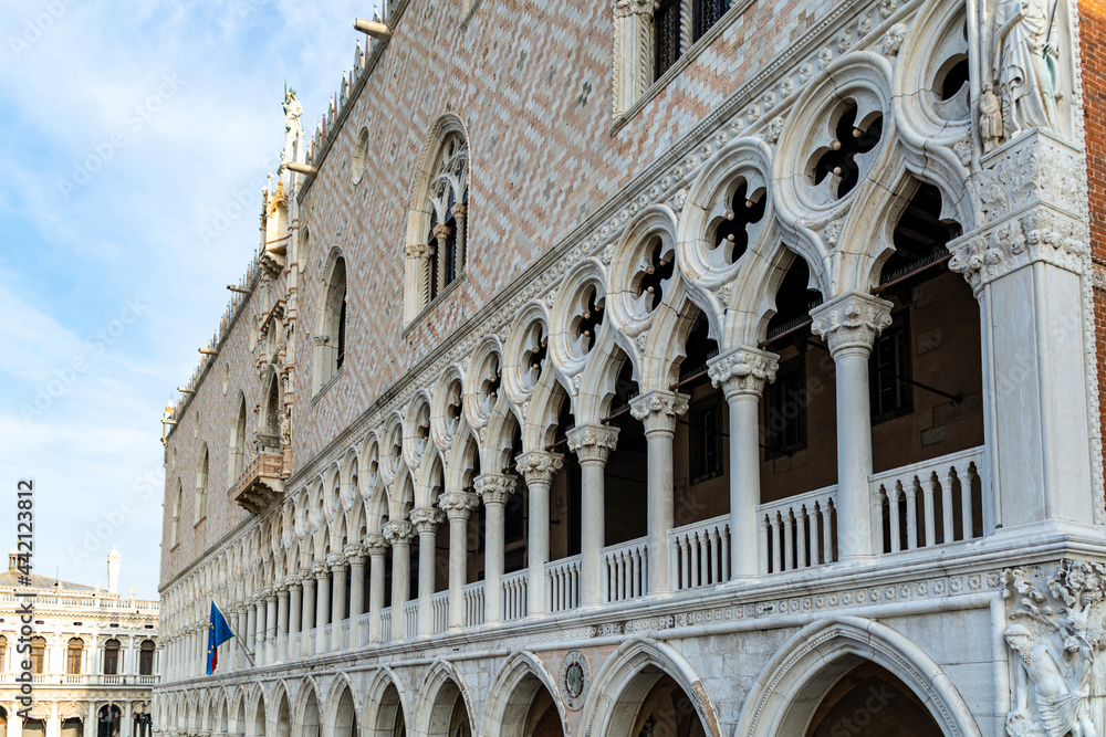 View of Doge's Palace on the St Mark's Square on a beautiful morning in Summer in Venice, Italy