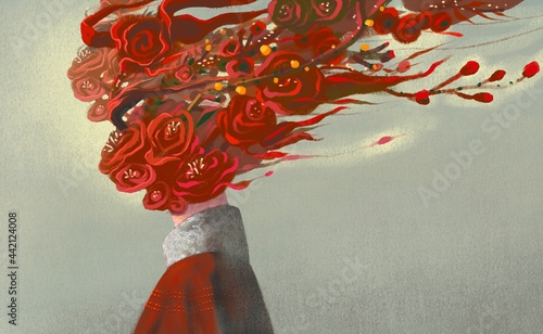 Fototapeta Naklejka Na Ścianę i Meble -  Woman with red flowers head. concept painting of freedom and love, surreal artwork, conceptual illustration, rose