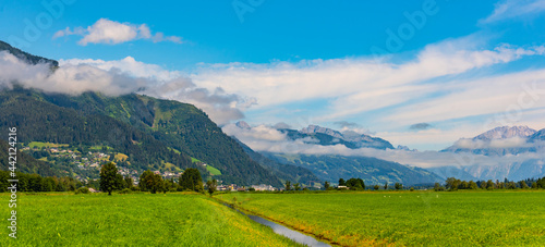 Broad mountain valley on sunny summer day. Austrian Alps, Austria