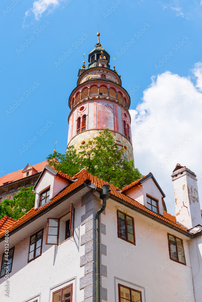 Colorful and ornamental Tower of Cesky Krumlov Castle. Cesky Krumlov, Czech Republic.