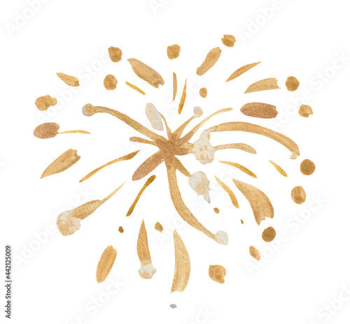 Golden fireworks isolated on white background, painted in watercolor.
