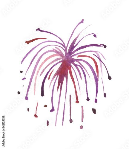 Colorful fireworks isolated on white background, painted in watercolor. 