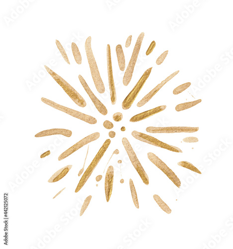 Golden fireworks isolated on white background, painted in watercolor.