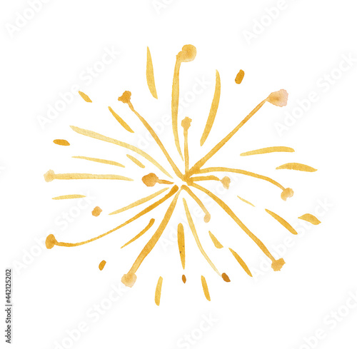 Yellow fireworks isolated on white background, painted in watercolor.	