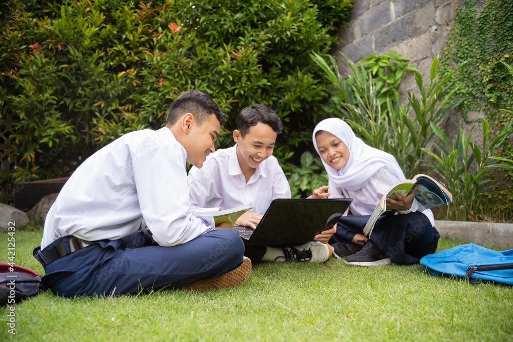 three teenagers in serious school uniforms study together using a laptop while sitting on the grass in the park three teenagers in serious school uniforms study together using a laptop while sitting on the grass in the park