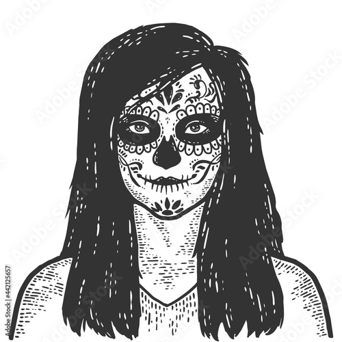 Woman with sugar skull make up. Sketch scratch board imitation coloring.